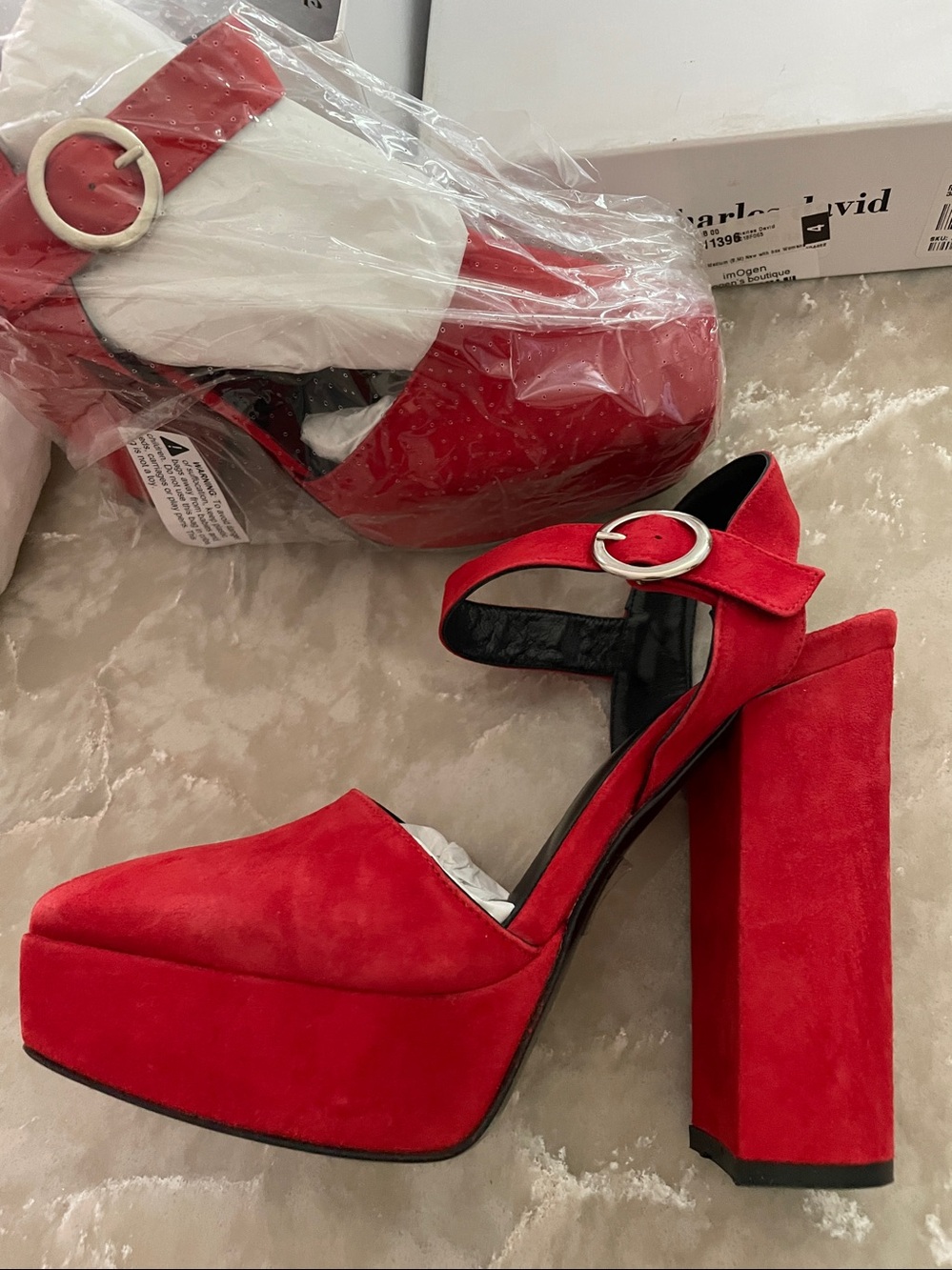 NWT Charles David red suede leather square toe buckle chunky heel platform 7/7.5